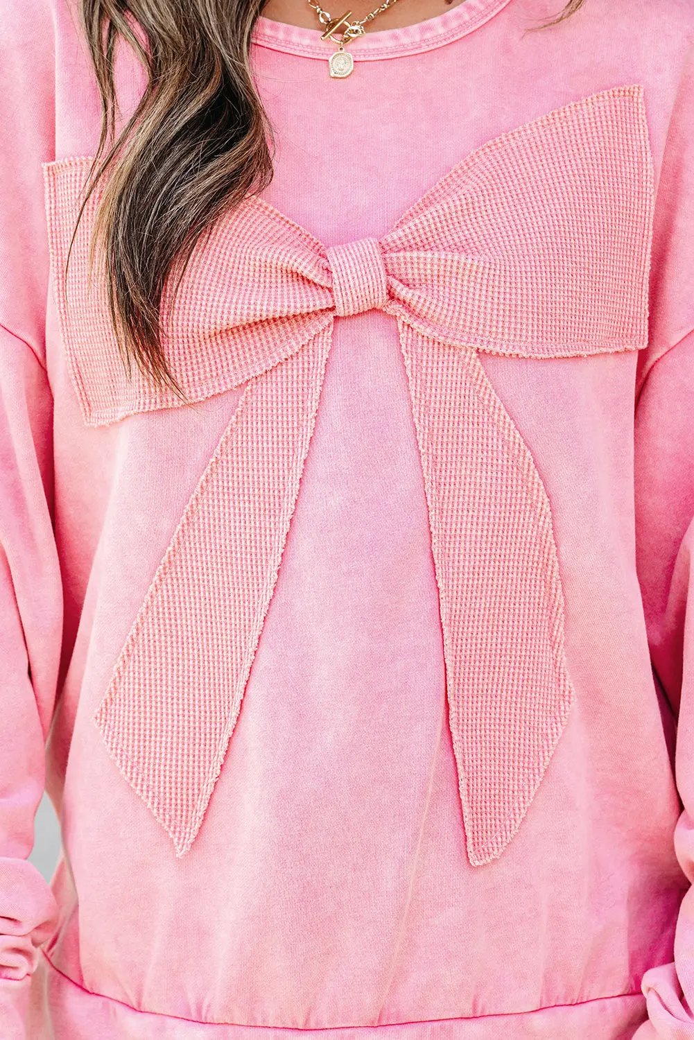 Premium Bright Pink Mineral Wash Big Bow Patchwork Pullover Sweatshirt Dear-Lover Dropshipping
